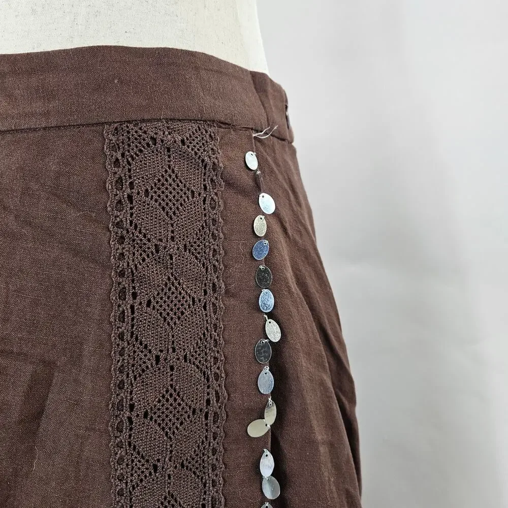 Y2k Linen Blend Skirt Fairycore Sequin Festival Core Boho - Size 10 - Picture 3 of 7